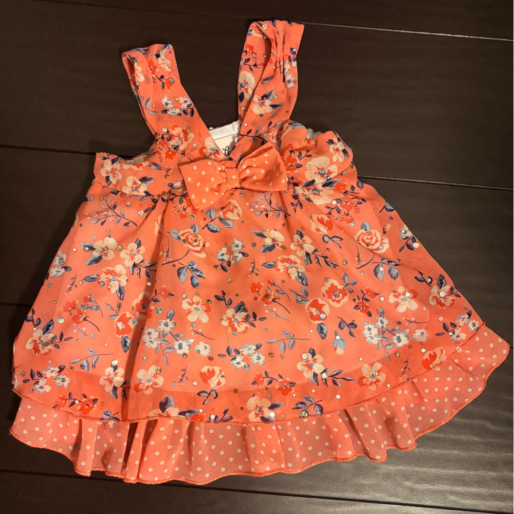 Little lass coral ruffle floral polka dot print tank top size 18M EUC